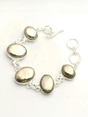 Apache Gold Pyrite Gemstone 925 Sterling Silver Handmade Toggle Bracelet